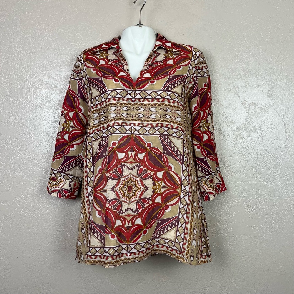 Talbots Top Shirt‎ Silk Linen Blend 3/4 Sleeve Tunic Geometric Womens Size 8